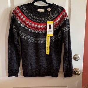 Weatherproof Crewneck Sweater with Red and Gray Pattern
